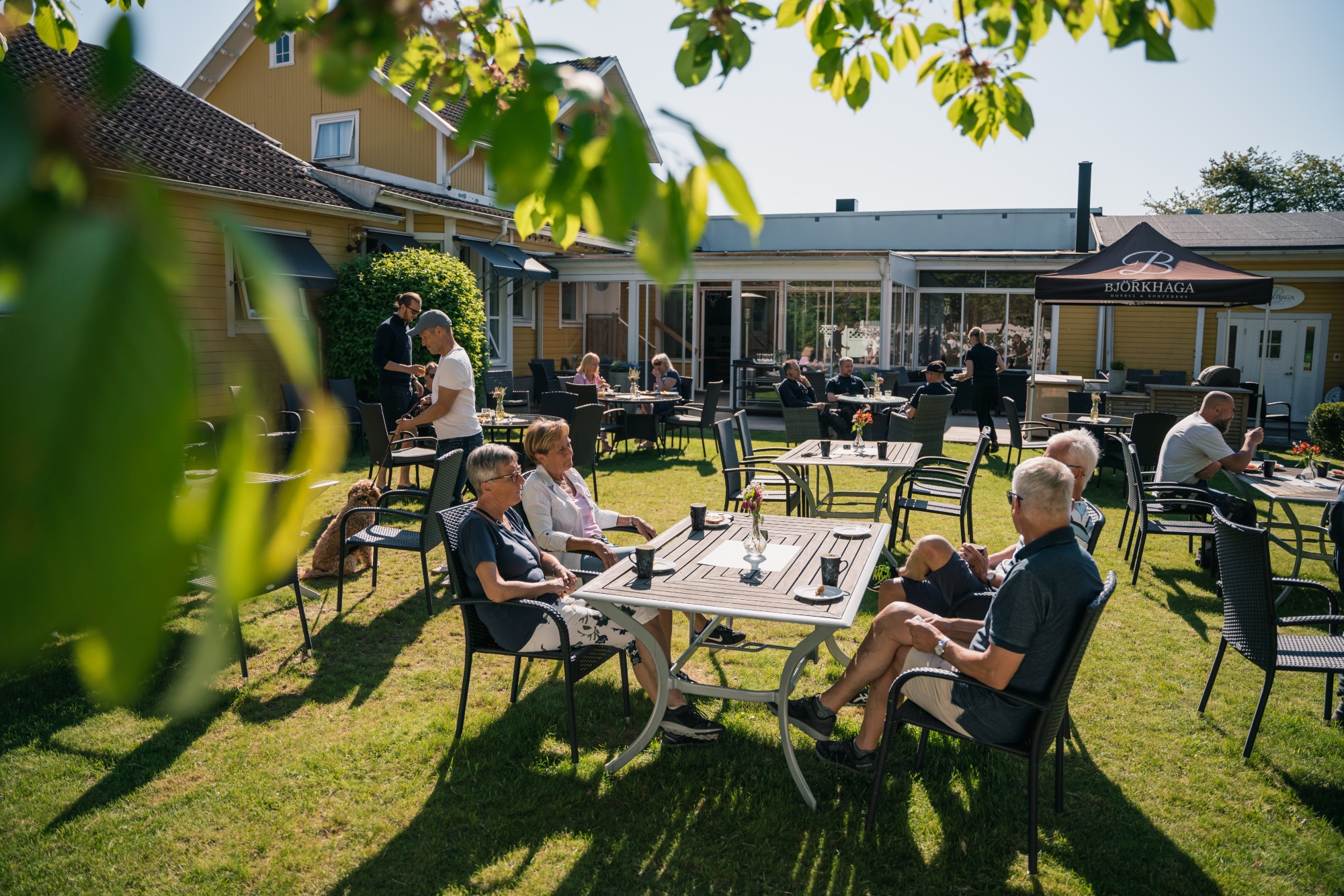 Människor som sitter utomhus runt flera bord och fikar i solen.