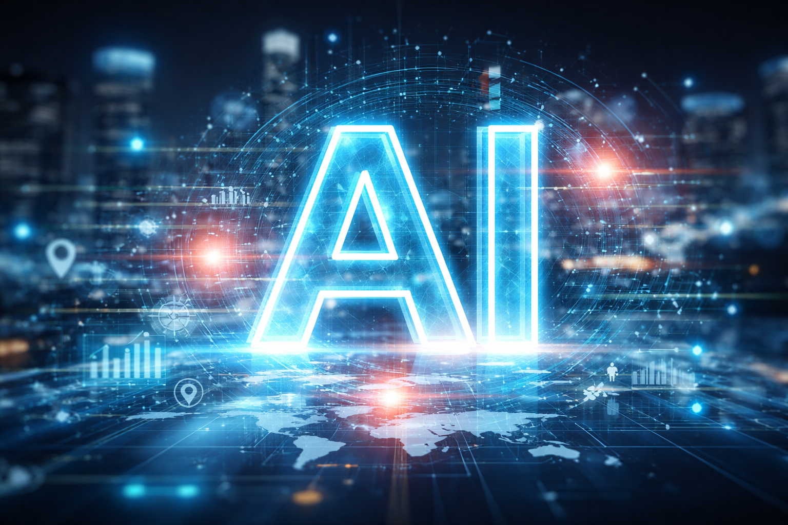 Ai-genererad bild med bokstäverna AI i mitten, en blått upplyst stad i bakgrunden