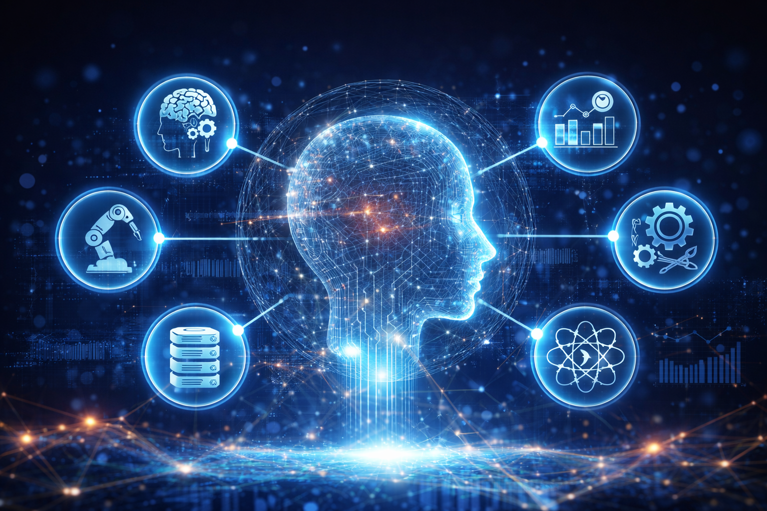 En människas huvud i profil med bubblor runtomkring som symboliserar vad AI kan göra