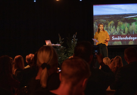 Moderatorn Sofie på Smålandsdagen framför publiken.