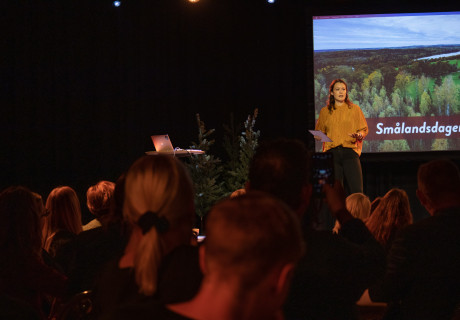 Moderatorn Sofie på Smålandsdagen framför publiken.